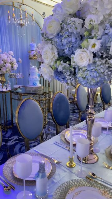 Certified Event & Wedding Planner on Instagram: "Cinderella theme sweet16 fit for a princess 🤍💙🤍 *Another room transportation 🤩 Event planning & design @eventsbytoya_inc Luxury rentals @glenspartyrental Floral’s @z_the_florist Luxury candelabra & chandeliers @jl_craftdesign Cake & treats @bites_galore_sweetique Customized glam bottles @glamdup_nyc Graphics @emgprints" Cinderella Wedding Reception, Cinderella Aesthetic Party, Cinderella Wedding Decor, Once Upon A Time Sweet 16 Theme, Cinderella Wedding Theme Decoration, Cinderella Prom Theme, Cinderella Sweet 16 Decorations, Cinderella Aesthetic Wedding, Cinderella 15 Theme