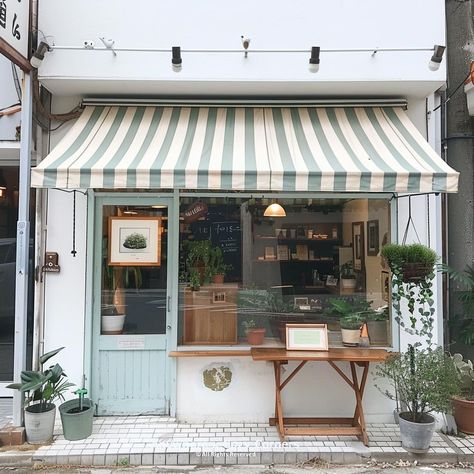 Painted Brick Store Fronts, Storefront Curb Appeal, Shop Awnings Store Fronts, Small Coffee Shop Exterior, Small Town Store Fronts, Cat Cafe Exterior, Small Cafe Shop Design, Mini Shop Ideas, Bakery Aesthetic Exterior