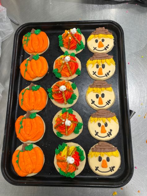 Round Thanksgiving Cookies Decorated, Frosted Pumpkin Sugar Cookies, Cute Fall Cookies Decorated, Fall Cookies Buttercream, Round Cookie Decorating Ideas Fall, Halloween Cookies Buttercream Icing, Round Fall Cookies Decorated, Circle Fall Cookies, Pumpkin Cookies Decorated Ideas