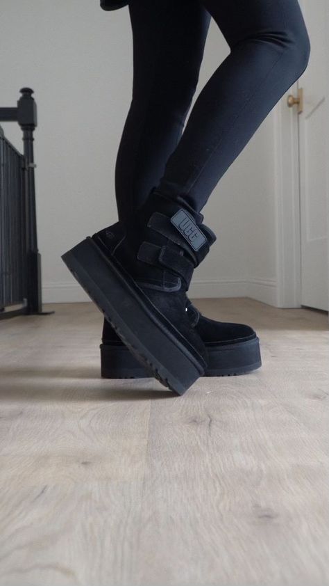 UGG platform mini boots, velcro strap ankle booties, black platform ugg boots Ugh Platform Boots, Ugg Platform Black, Black Platform Uggs, Black Platform Uggs Outfit, Platform Uggs Black, Winter Boots Aesthetic, Ugg Platform Mini, Black Ugg Outfit, Black Ugg Boots Outfit