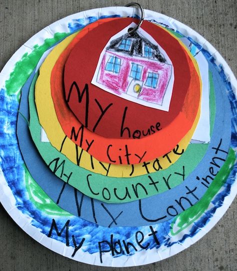 My World Project- such a clever way to teach little one about the great big world Teaching Social Studies, Social Studies Art Projects, World Activities For Kids, Kindergarten Geography, Learning States, Geography Project, Paper Plate, Classroom Activities, Kids Education