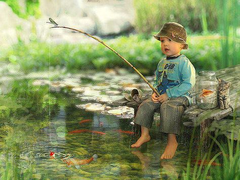 children fish On Golden Pond, A Pond, Gone Fishing, Fishing Gear, Fishing Trip, Hunting Fishing, Fishing Rod, Little People, Fly Fishing