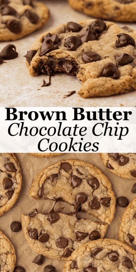 These brown butter chocolate chip cookies are life-changers! The combination of browned butter and brown sugar creates crisp edges and perfectly soft centers of ooey, gooey goodness. Follow my 7 foolproof steps to make brown butter cookies that will become your family's absolute favorite. Brown Butter Dark Chocolate Chip Cookies, Brown Butter Choc Chip Cookies, Browned Butter Toffee Chocolate Chip Cookies, Cookie Recipes Brown Butter, Easy Brown Butter Chocolate Chip Cookies, Brown Butter Chocolate Chunk Cookies, Best Brown Butter Chocolate Chip Cookies, Brown Butter Cookies Chocolate Chip, Browned Butter Cookies