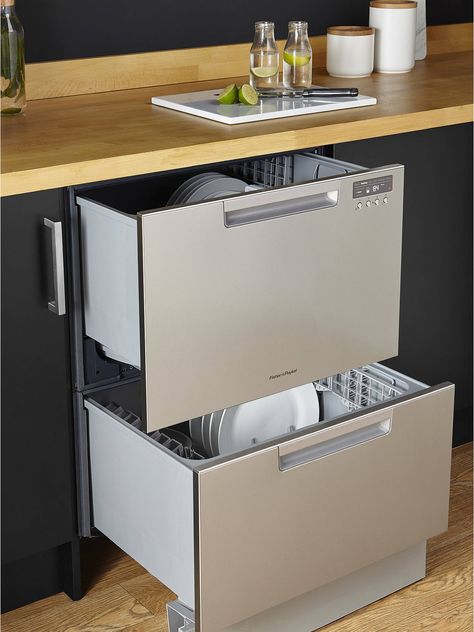 Fisher & Paykel Double DishDrawer Built-In Dishwasher at John Lewis & Partners Dishwasher Cabinet, Dish Drawers, Fisher And Paykel, Simple Mechanics, Dishwasher Sizes, Kitchen Appliance Storage, Compact Appliances, Kitchen Guide, Drawer Dishwasher