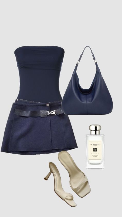 Lux Outfits, Heels Perfume, Fashion Magazine Aesthetic, Tube Dress Outfit, Magazine Aesthetic, Navy Blue Outfit, Aesthetics Fashion, Y2k Girls, Skirt Heels