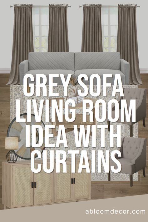 If you're looking for grey sofa living room ideas with curtains, I've got you covered with my warm living room design with earthy tones. I included a grey sofa, taupe armchairs, a natural wood-colored coffee table and cabinet, brown curtains, and a beautiful beige area rug in this mood board. These cozy living room decor ideas come together to create a warm and inviting living space. Shop the look or use it for living room inspiration for your home! Dark Grey Couch Beige Walls, Curtain With Grey Sofa, Grey Sofa Curtain Ideas, Grey Sofa Living Room Curtain Ideas, Grey Curtains Living Room Ideas, Dark Gray Curtains Living Room, Room Ideas With Curtains, Grey Living Room Curtain Ideas, Taupe And Grey Living Room