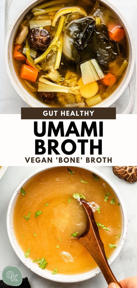 Oct 12, 2020 - Vegan Bone Broth made with vegetable scraps and umami packed ingredients for a super flavourful vegetable broth! Great for sipping & recipes. Asian Broth Recipe, Vegan Bone Broth, Asian Broth, Vegetable Scraps, Flavorful Vegetables, Vegetable Broth, Broth Recipes, Vegan Soups, Bone Broth