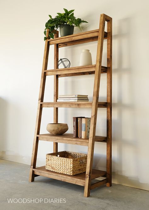 Shelf Ladder Diy, Plant Stand Bookshelf, Wooden Ladder Bookshelf, Ladder Bookcase Diy, Wooden Shelf Stand, Shelf Furniture Design, Wooden Floor Shelf, Diy Shelf Ladder, Stair Shelves Ladder