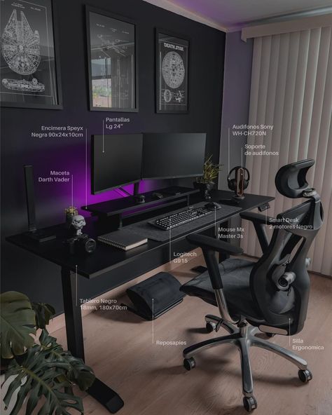 Setups & Tech (@setups.mk) • Instagram photos and videos Trading Office Setup, Black Gamer Room, Black Gaming Setup Aesthetic, Pc Gaming Setup Black, Black Pc Setup, Computer Setup Aesthetic, Black Desk Setup, Black Gaming Setup, Creative Home Office Ideas