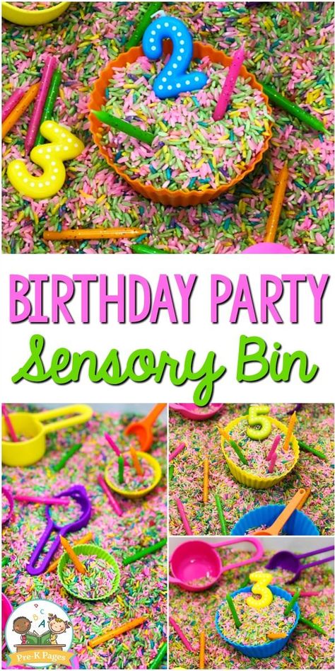 Birthday Party Sensory Bin for Preschoolers Sensory Activities For Birthday Party, Sweets Sensory Bin, Cheap Easy Sensory Bins, Birthday Party Eyfs Activities, Sensory Station Birthday Party, Sensory Table All About Me, Infant Birthday Activities, End Of Year Sensory Bin, Birthday Cake Sensory Bin