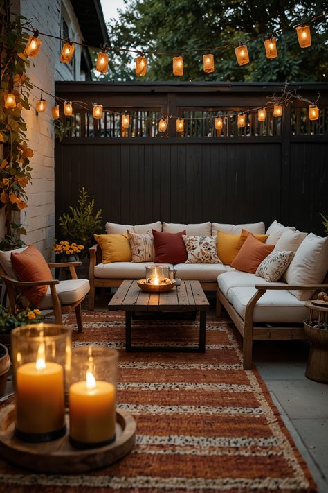 Transform your outdoor area with cozy fall decor by incorporating lanterns, string lights, outdoor rugs, and vibrant fall-colored cushions on your patio furniture. #FallDecor #OutdoorLiving #CozyPatio #Lanterns #StringLights #OutdoorRugs #PatioCushions #FallVibes Patio With Lights Ideas, Pack Patio Ideas, Winter Patio Decor Outdoor Spaces, Apartment Patio Cozy, Vibey Outdoor Patio, Fall Small Patio Decor, Outdoor Patio Ideas Furniture, Patio Lanterns Decor Ideas, Fall Outdoor Deck Decor