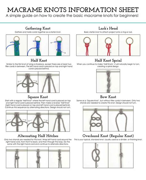 Basic Macrame Knots, Macrame Square Knot, Knots Jewelry, Wool Crafts Diy, Basic Macrame, Macrame Plant Hanger Tutorial, Knots Guide, Macrame Plant Hanger Patterns, Knot Pattern