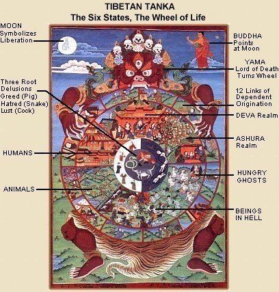 'The Buddhist wheel of life, often the subject of the Tibetan Thanka (also spelled thangka), is one of the most common artistic representations of the Six States of Existence.' http://www.onmarkproductions.com/html/six-states.shtml See also: http://www.buddhanet.net/wheel2.htm http://www.bbc.co.uk/religion/galleries/bhavachakra/ https://www.youtube.com/watch?v=tGUpYD_Ze_E&list=PLC2eY4vWQ0vShlpwJPXhoHaqqSbmkD3I5 Buddhist Wheel Of Life, Japanese Buddhism, Buddhist Symbols, Buddhist Practices, Buddhist Philosophy, Buddhist Traditions, Thangka Painting, Tibetan Art, Eastern Art