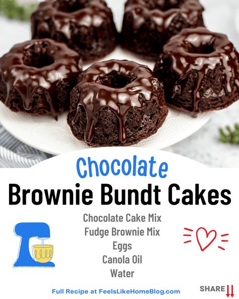 Chocolate Brownie Mini Bundt Cake, Flower Baked Goods, Inside Out German Chocolate Bundt Cake, German Chocolate Mini Bundt Cakes, Mini Bundt Cakes From Cake Mix Boxes Chocolate, Halloween Mini Bundt Cake, Dash Bundt Cake Recipes, Chocolate Cake And Brownie Mix Together, Dash Mini Bundt Cake Maker Recipes