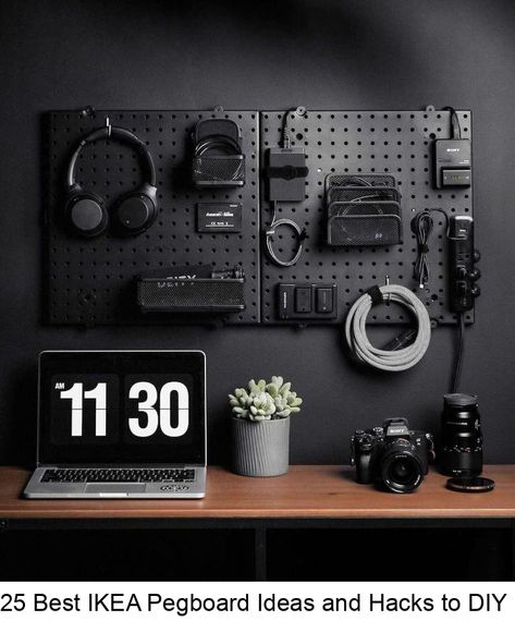 IKEA is providing all frugal items that can have a huge impact on your life. Head over to IKEA components and build modern DIY furniture and a big range of luxury items in a wallet-friendly way. Solve all your storage problems with these 25 simple IKEA pegboard ideas and Skadis hacks that involve building outstanding storage systems using the IKEA pegboards and will be unbeatable in both price and performance. These versatile IKEA pegboard hacks Ikea Skadis Desk Setup, Home Office Charging Station, Skadis Office Ideas, Wall Pegboard Ideas, Skadis Gaming Setup, Pegboard Office Wall, Skådis Ikea Hack, Desk Setup Pegboard, Diy Studio Apartment Ideas