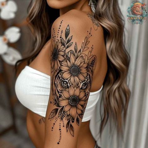 Celebrating Women and Their Unique Feminine Tiger Tattoos – 48 Designs - inktat2.com Feminine Shoulder Tattoos, Shoulder Sleeve Tattoos, Tiger Tattoos, Arm Sleeve Tattoos For Women, Hip Thigh Tattoos, Feminine Tattoo Sleeves, Tattoos For Women Flowers, Tattoos For Women Half Sleeve, Forearm Tattoo Women