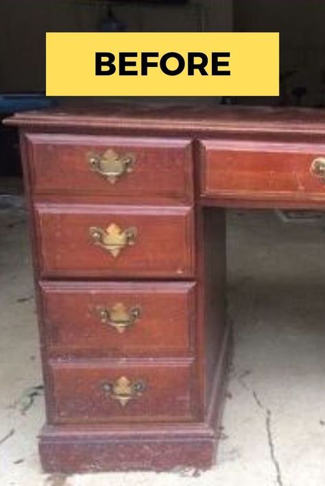 Check out this black and white color combo vintage desk makeover. If upcycling is your favorite kind of DIY projects then you'll love the before and after photos of this wood desk you can easily find in thrift store and flea markets. #diy #desk #makeover Adding Feet To Desk, Repainted Desk, Antique Desk Makeover, Vintage Desk Makeover, Diy Desk Makeover, Refinished Desk, Upcycle Desk, Refurbished Desk, Desk Makeover Diy