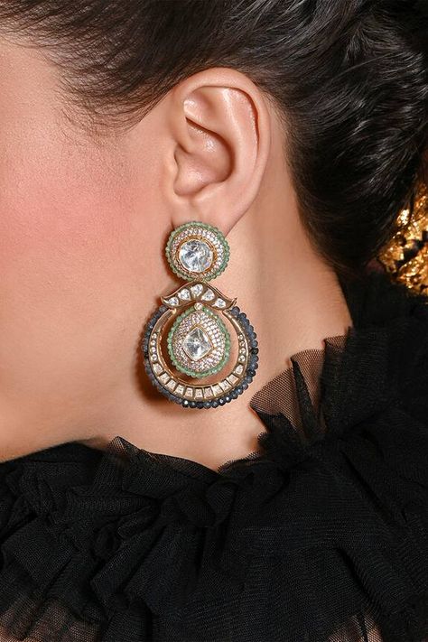 Gold finished chandbali dangler earrings with kundan, stones and beads embellishments. - Aza Fashions Diana Penty, Dangler Earrings, Luxury Sale, Flower Phone Wallpaper, Green Tourmaline, Modern Bride, Brass Color, Aza Fashion, Indian Jewelry