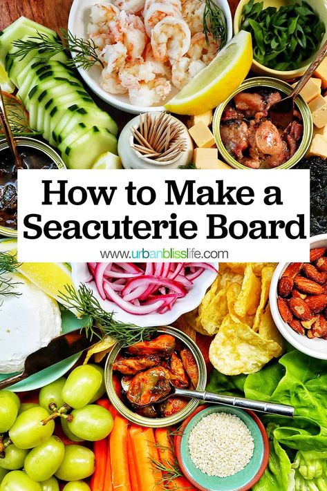 A Seacuterie Board, or seafood board, is the popular viral answer to seafood lovers' charcuterie boards! Perfect for parties and holidays. Recipe at UrbanBlissLife.com. Pescatarian Snacks, Fish Fry Side Dishes, Charcuterie Jars, Seafood Charcuterie, Platters For Parties, Charcuterie Boards Ideas, Food Board Ideas, Charcuterie Board Food, Seafood Board