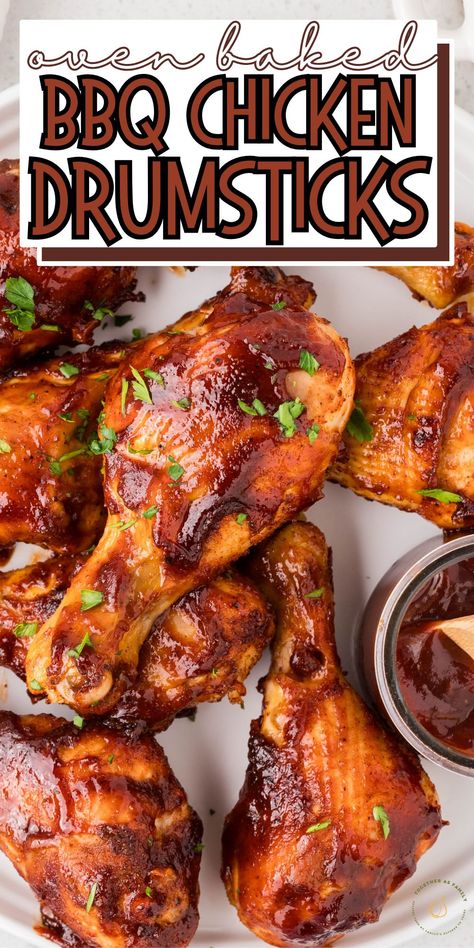 You're going to love these BBQ Chicken Drumsticks - crispy on the outside, and moist, tender, and juicy on the inside. Made with a spice rub, olive oil and your favorite sweet & tangy barbecue sauce - this barbecue chicken dish practically makes itself while roasting in the oven to tender and crispy perfection. Best Baked Bbq Chicken Legs Recipe, Sticky Chicken Drumsticks Baked, Oven Barbecue Chicken Legs Recipe, Baked Barbecue Chicken Legs In The Oven, Crispy Oven Drumsticks, Barbeque Drumsticks Oven, Bbq Drumsticks In Oven Easy, Bbq Chicken Legs In The Oven Easy, Bbq Chicken Drumstick Recipes Oven