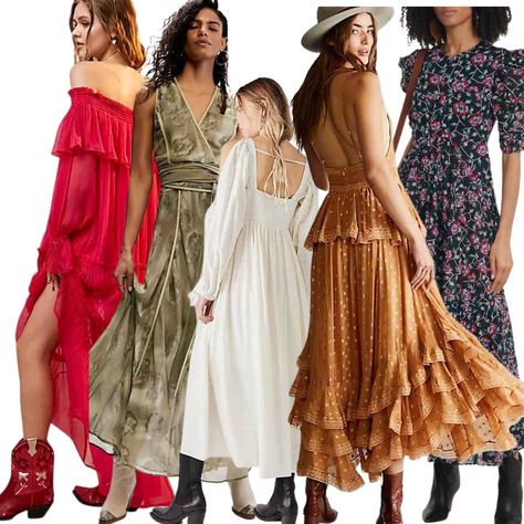 Maxi Dress With Cowboy Boots Wedding Guest, Free People Dress With Cowboy Boots, Boots And Ballgowns, Party Dress With Cowgirl Boots, Cowgirl Wedding Outfit Guest Formal, Western Chic Dresses, Western Boot Dress Outfit, Dresses With Boots Wedding Guest, Lace Dress And Cowboy Boots