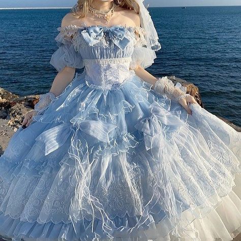 Puffy Blue Dress, Dresses Puffy, Light Blue Puffy Dress, Puffy Dress Aesthetic, Blue Princess Dress Aesthetic, Blue Puffy Dress, Blue Princess Dresses, Angelcore Outfits, Blue High Neck Dress