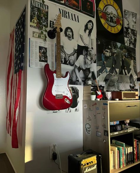 #room Room Decor Rock Style, Arctic Monkeys Room Ideas, Rockstar Room Decor, Rocker Room Aesthetic, Rockstar Girlfriend Room Aesthetic, Rock Themed Bedroom, Indie Rock Room, Band Room Aesthetic, Rockstar Room Aesthetic