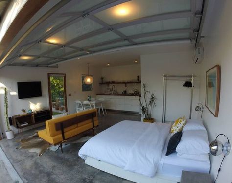 Convert Garage To Bedroom, Garage Bedroom Conversion, Garage Studio Apartment, Garage To Living Space, Garage Guest House, Studio Apartment Living, Converted Garage, Garage Loft, Garage Room