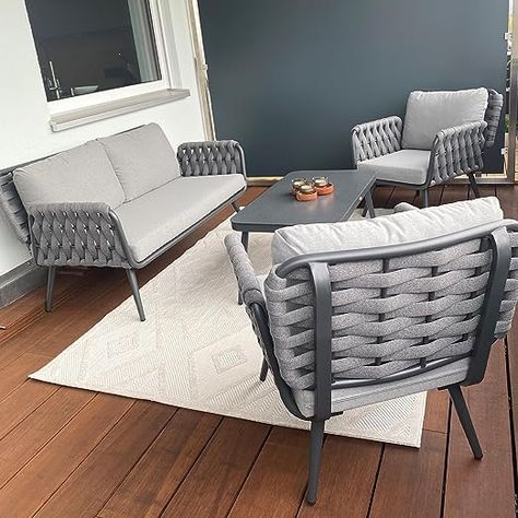 4 Pieces Aluminum Frame Rope Outdoor Patio Furniture with Coffee Table, All-Weather Modern Deep Seating Sofa Set, Outdoor Patio Set with Cushions Deep Seated Sofa, 125 Pounds, Outdoor Patio Set, Coffee Table Grey, Outdoor Bistro Set, Patio Sofa, Rope Design, Conversation Set Patio, Glass Top Table