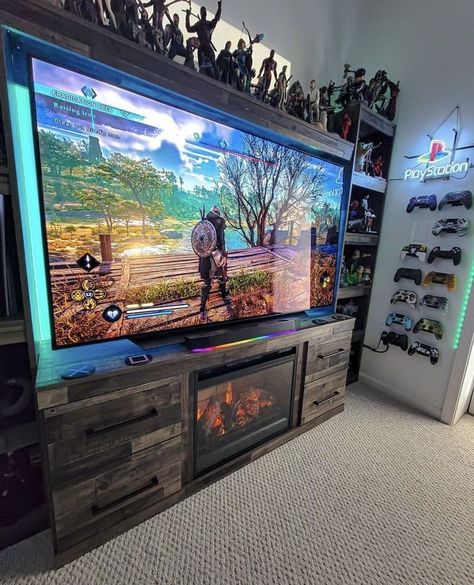 Best Tv For Gaming, Entertainment Center Ideas Gaming, Gaming Tv Setup, Gamer Living Room Ideas, Nerd Living Room, Geek Living Room, Gamer Living Room, Gaming Entertainment Center, Games Room Inspiration