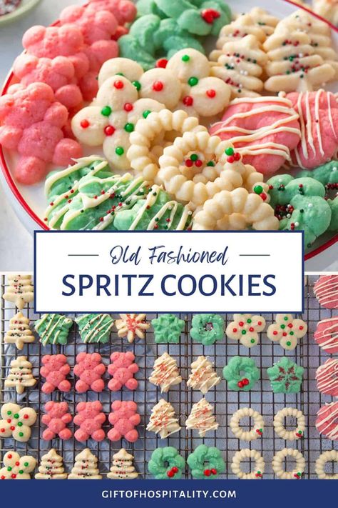 This classic spritz cookie recipe is buttery, tender, and easy to customize! It's a great addition to your Christmas cookie making menu. Cream Cheese Spritz, Cookie Press Recipes, Christmas Spritz Cookies, Spritz Cookie Recipe, Spritz Cookies, Cookie Press, Xmas Cookies, Christmas Cooking, Eclairs