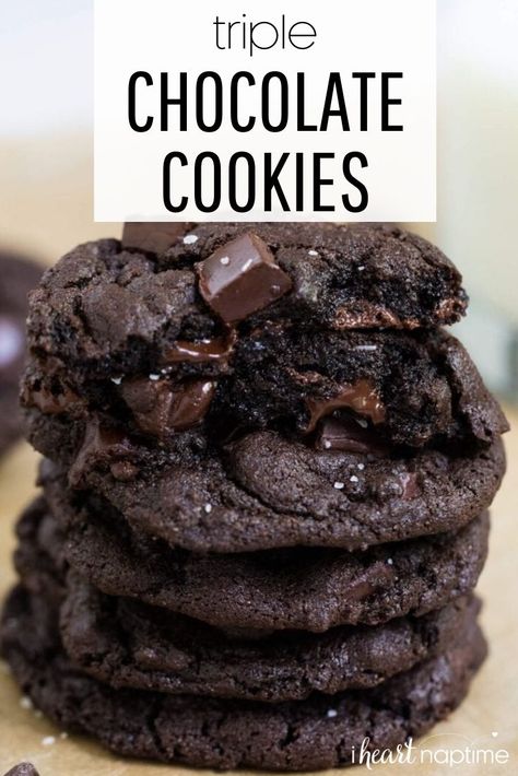 Triple Chocolate Chip Cookies Recipes, Chewy Triple Chocolate Cookies, Moist Chocolate Cookies, Decadent Chocolate Cookies, Double Chocolate Chunk Cookie Recipe, Chocolate Chocolate Chunk Cookies, Triple Chocolate Chunk Cookies, Black Cocoa Powder Cookies, Crunchy Chocolate Cookies