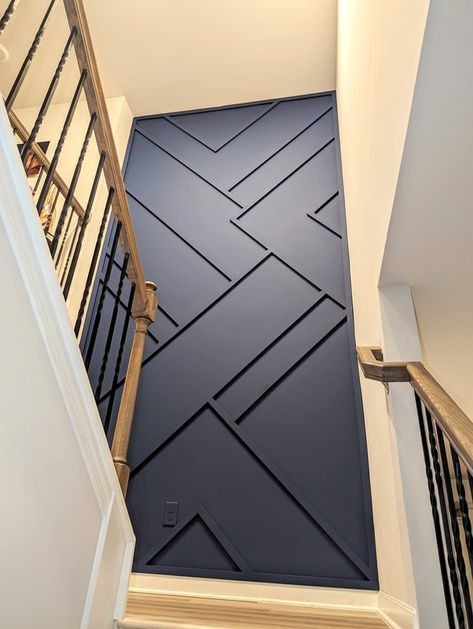 Completed Projects - THE BOARDROOM ACCENT WALLS Staircase Landing Accent Wall, Staircase Landing Wall Design, 2 Story Staircase Accent Wall, Accent Walls Staircase, Stairwell Feature Wall, Staircase Wall Design Interiors, Tall Accent Wall, Wall Under Stairs, Hallway Accent Wall Ideas