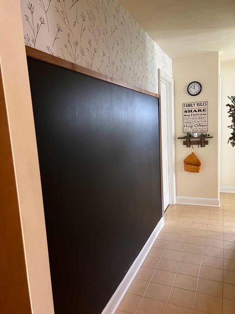 Chalk Wall Living Room, Chalkboard Wall Hallway, Half Wall Chalkboard Paint, Chalkboard In Hallway, Partial Chalkboard Wall, Hallway Chalkboard Wall, Chalk And White Board Wall, Modern Chalkboard Wall, Half Chalkboard Wall