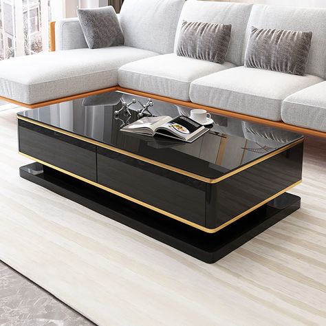 51" Black Rectangular Coffee Table with Storage 4 Drawers Tempered Glass Top Centre Table Design Luxury, Sofa With Center Table, Center Table Ideas, Center Table Design, Centre Table Design, Centre Table Living Room, Sofa Table Design, Meja Sofa, Tea Table Design