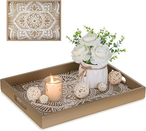 Amazon.com: Decorative Serving Tray with Handles - Hanobe Floral Wooden Coffee Table Trays for Ottoman Centerpiece Decor Rectangular Rustic Boho Wood for Living Room Counter, Brown : Home & Kitchen Tray For Ottoman, Delicate Mandala, Coffee Table Trays, Table Trays, Large Serving Trays, Vintage Serving Trays, Serving Tray Decor, Mandala Patterns, Tray With Handles