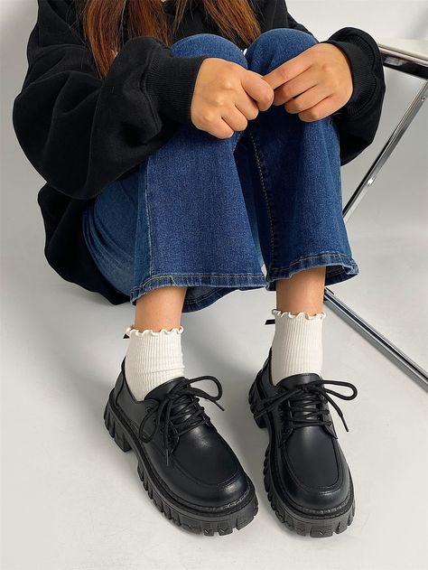 Lace-up Front Platform Oxford Shoes Black Chunky Lace Up Shoes Outfit, Platform Lace Up Loafers Outfit, Black Lace Up Shoes Outfit, Woman Black Shoes, Oxfords Shoes Women's, Lace Up Oxfords Women, Aesthetic Oxford Shoes, Black Platform Oxfords Outfit, Lace Loafers Outfit