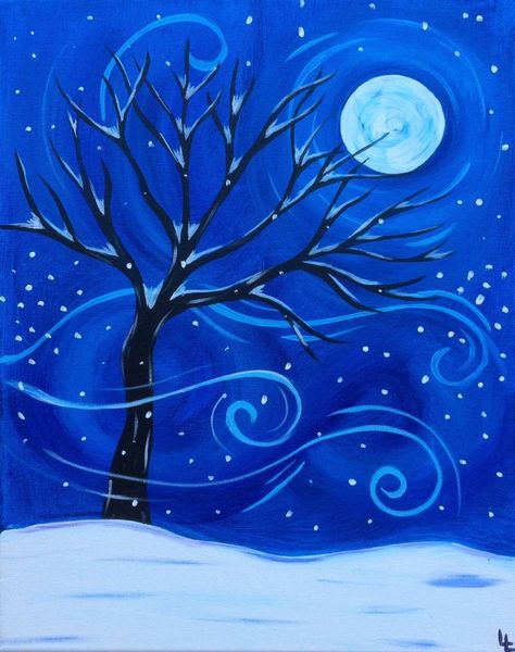 Full Moon on a Winter Night. Snow covered tree with swirls painting. Winter Themed Paintings On Canvas, Painting With A Twist Ideas, Painting Ideas For Living Room, Wind Painting, Snow Picture, Moonlit Landscape, Tree Moon, Wine And Canvas, Paint Nite