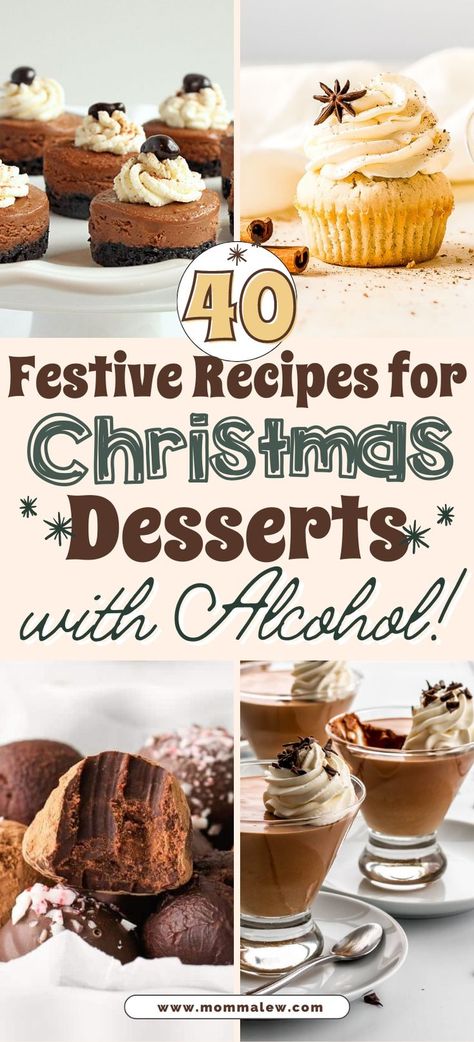 christmas desserts with alcohol collage Boozy Dessert Bars, Drunken Cupcakes Alcoholic Desserts, Alcohol Inspired Desserts, Dessert Shooters Christmas, Alcoholic Snacks Parties Treats, Halloween Boozy Treats, Christmas Treats With Alcohol, Alcohol Treats For Parties, Desserts Made With Alcohol