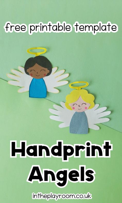 Handprint Angel Craft With Free Printable Template - In The Playroom Angel Appeared To Mary Craft, Handprint Angels For Kids, Guardian Angel Crafts For Kids, Angel Template Free Printable Crafts, Angel Toddler Craft, Toddler Angel Craft, Angel Gabriel Craft For Kids, Kids Angel Craft, Angel Crafts For Toddlers