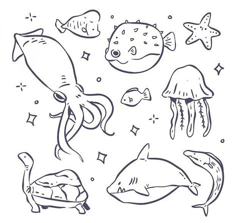 Doodle Art Sea Animals, Under Water Animals Drawing, Doodle Art Sea, Marine Animal Doodles, Ocean Doodle Art, Cute Marine Animals Drawing, Ocean Animals Doodles, Sea Animal Drawings Easy, See Animals Drawing