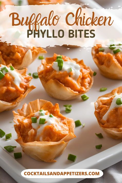 For easy party appetizers, these Buffalo Chicken Bites are perfect. Spicy shredded chicken bites in phyllo pastry are great to make ahead for game day food, party recipes, football party food. Healthy handheld appetizer recipes. Buffalo Bites Chicken, Chicken Bite Appetizers, Chicken Phyllo Cups, Buffalo Chicken Wonton Cups, Chicken Phyllo, Party Food Healthy, Chicken Bites Appetizers, Buffalo Chicken Cups, Spicy Shredded Chicken