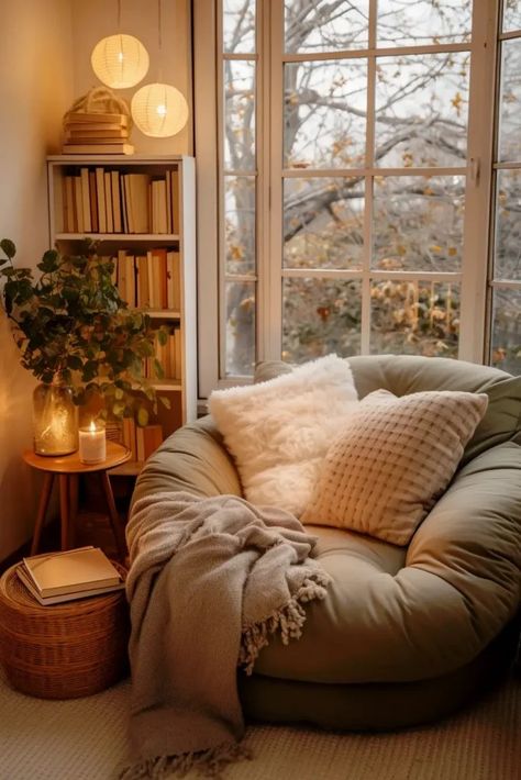 A cozy reading nook for winding down in the evening. Perfect for Bedtime Hygge Setting that's snug and comfortable. A soft cushy reading chair with woven throw blanket, candles, string lights and a book case Cosy Therapy Room, Cozy Winter Apartment Decor, Relaxing Fall Aesthetic, Relaxing Spa Bedroom, Cozy Cute Living Room, Apartment Aesthetics Cozy, Apartment With Books, Cozy New Build, Candle Cozy Aesthetic