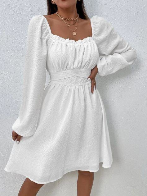 Tweed Frill Trim Knot Back Dress | SHEIN ASIA Tied Dress, High Waist Dress, Ruffle Hem Dress, Vestido Casual, Evening Gowns Formal, Daily Dress, White Tie, Solid Dress, Hem Dress