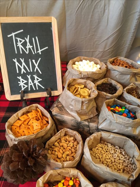 Trail mix bar Trail Mix Bar, Lumberjack Birthday Party, Lumberjack Baby Shower, Lumberjack Baby, Lumberjack Birthday, Camping Birthday Party, Baby Shower Woodland Theme, Woodland Birthday, Camping Birthday