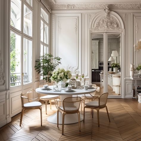 Modern Parisian Home Decor, Parisian Apartment Dining Room, Parisian Apartment Window, Parisian Apartment Exterior, Modern Parisian Home, Paris Apartment Window, Parisian Dining Room, Midcentury Neoclassical Era Furniture French Dining Table, Parisian Interior Design