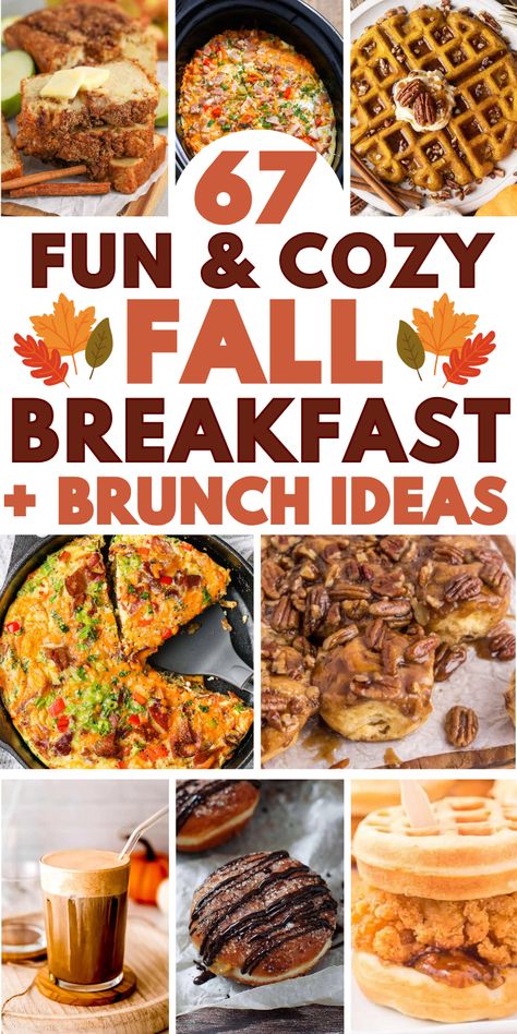 Fall breakfast foods and autumn brunch ideas including savory hearty make ahead breakfast casseroles, morning dessert treats, healthy oatmeal, and fall breakfast board recipes. Breakfast For Dinner Menu Ideas, Fall Breakfast Party Ideas, Fall Breakfast Brunch Ideas, Seasonal Breakfast Ideas, Brunch Fall Ideas, Breakfast Arrangement Ideas, Healthy Sunday Breakfast Ideas, Fall Breakfast For A Crowd, Friends Breakfast Ideas