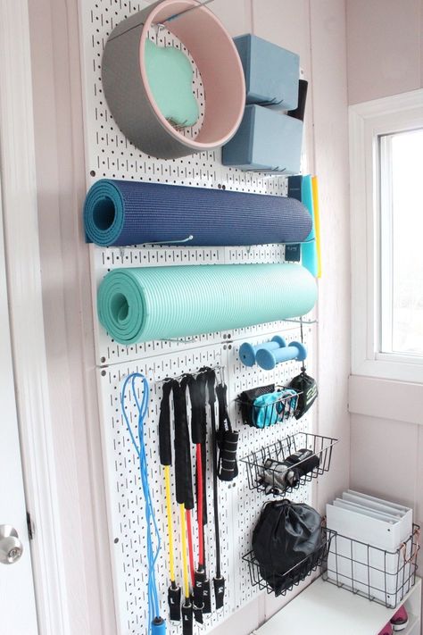 Set Up A Small Home Gym On A Budget - Organized-ish by Lela Burris Gym Makeover, Small Home Gyms, Home Gym On A Budget, Basement Decoration, Small Home Gym, Pegboard Storage, Home Gym Garage, Workout Room Home, Mini Gym