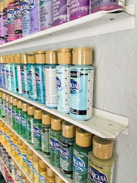 Organizing Paint Supplies Garage, Organize Acrylic Paint Bottles, Creative Art Supply Storage, Diy Paint Storage Rack, Paint Storage Ideas Acrylic, Diy Paint Rack, Acrylic Paint Bottle Storage, Acrylic Paint Organization Diy, Storage For Acrylic Paint Bottles