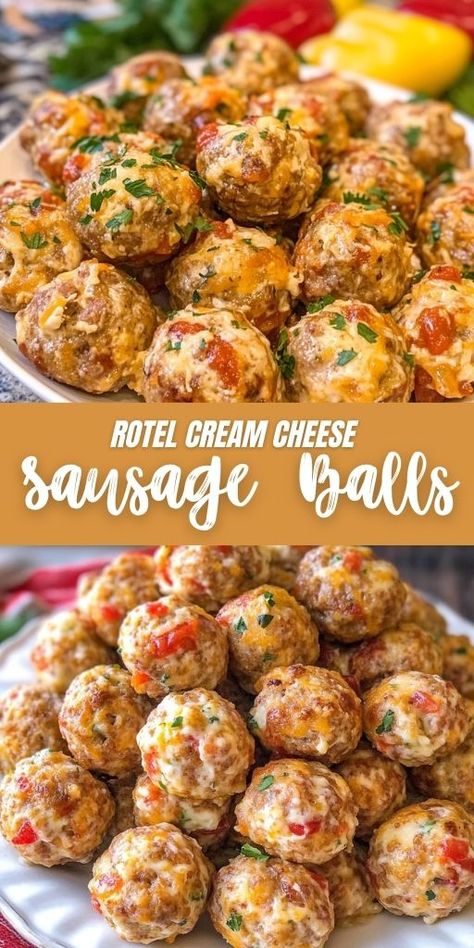 Rotel Cream Cheese Sausage Balls Ingredients: 1 lb hot sausage, uncooked 1 (8-oz) package cream cheese, softened 1 (10-oz) can Rotel diced tomatoes and green chilies, drained 1½ cups Bisquick 2 cups shredded Mexican cheese blend #Rotel #CreamCheese #Sausage #Balls Finger Food Easy, Cream Cheese Rotel, Sausage Balls Low Carb, Cheese Sausage Balls, Mexican Cheese Blend, Cream Cheese Sausage, Sausage Cheese Balls, Sausage Appetizers, Cream Cheese Sausage Balls